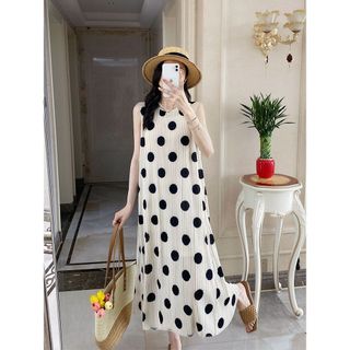 Đầm drape hình quả lê Miyake, họa tiết chấm bi, thiết kế đơn giản dành cho ngày thường