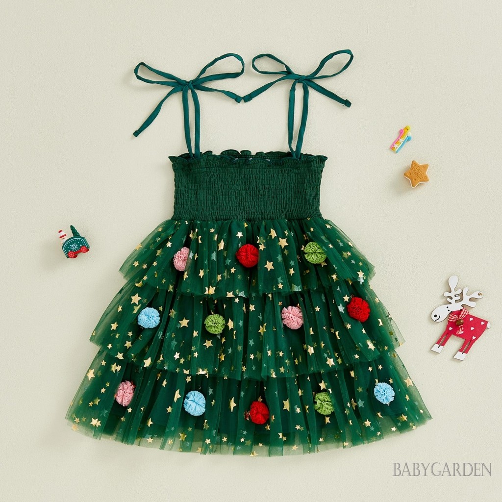 1-6 Tuổi Trẻ Em Bé Gái Giáng Sinh Một Dòng Đầm In Hình Ngôi Sao Không Tay Dây Buộc Dây Đeo Smocked Tulle Bánh Đầm