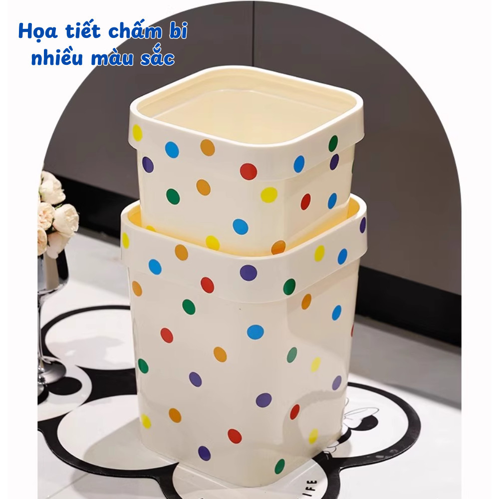 Thùng Rác Chấm Bi 12L/14L Thiết Kế Vuông Tiện Lợi DINO, Chất Liệu Nhựa PP Bền Chắc Decor Phòng Khách