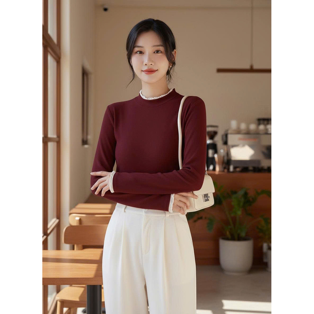 MS385 Áo kiểu nữ giữ nhiệt cổ 3p phối bèo xinh xắn chất liệu lông thỏ siêu mềm mịn
