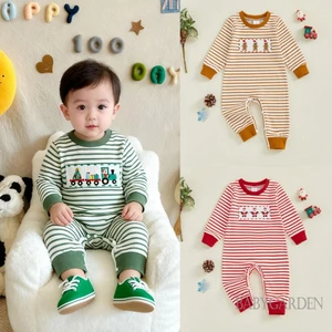 Bé Gái Bé Trai Giáng Sinh Áo Liền Quần Sọc Thêu Tay Dài Áo Liền Quần Dễ Thương Mùa Đông Thu Quần Áo