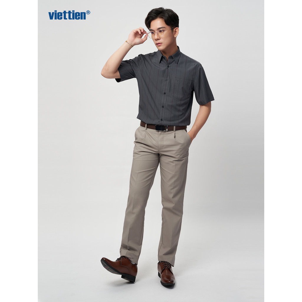Áo sơ mi tay ngắn vạt tròn VIETTIEN vải Hoa hồng form REGULAR VT00000540