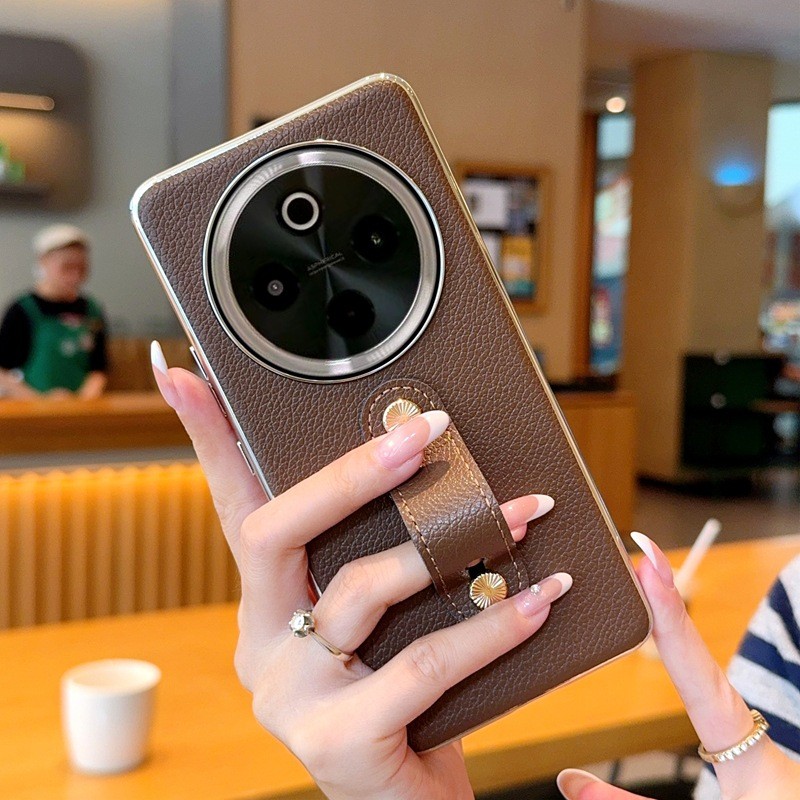 Thích hợp cho Vivo x300 Dây đeo cổ tay Vỏ điện thoại Mạ bạc cho Vivo x300pro Vỏ bảo vệ bằng da trơn họa tiết vải lanh x200