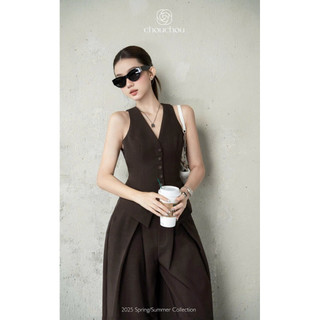 [Sẵn] Set Bộ GhiLe Xách Nách Chiết Eo Ôm Mix Quần Suông Lịch Lãm, Set Áo Ghile Cổ V Phối 2 Màu Cúc Bọc Nâu- Rêu Asasino