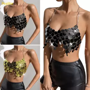 Pealike Nữ Lấp Lánh Kim Sa Lấp Lánh Tua Rua Dây Cổ Camisole Backless Crop Hộp Đêm Đảng Cơ Thể Trang Sức Ngực Dây Xích