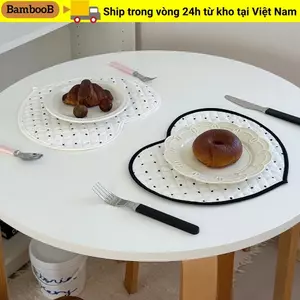Thảm đựng cốc nước BAMBOOB, Thảm lót bàn hình trái tim tình yêu trang trí, Thảm trải bàn cách nhiệt Cotton chấm bi kiểu Pháp Trang trí nội thất