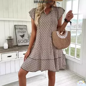 Đầm Mini BRAA Ruffle, S-3XL Size Range Loose Casual Dress, Đầm Cổ Chữ V in họa tiết bay nhỏ dành cho nữ