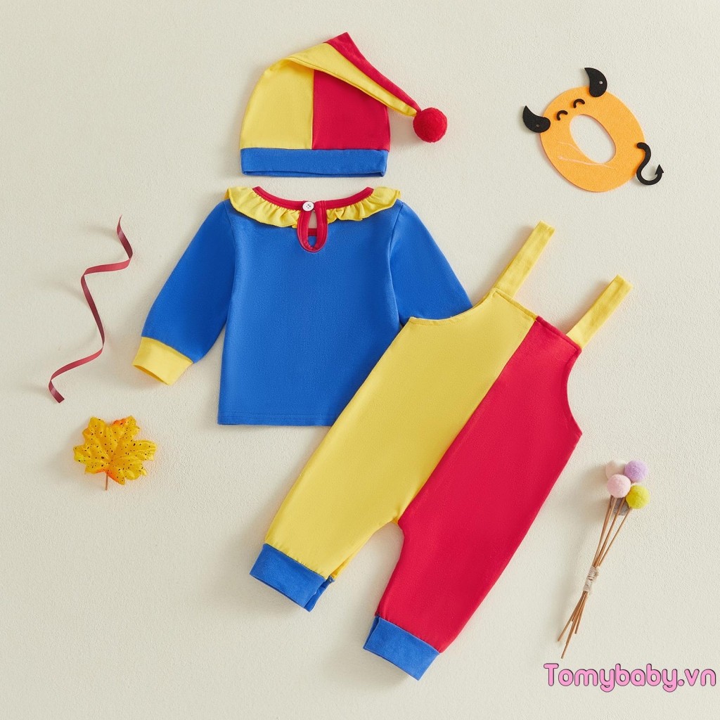 [lpDL] Trang phục chú hề Halloween cho bé trai Áo dài tay in hình chú hề + Quần sọc + Bộ mũ