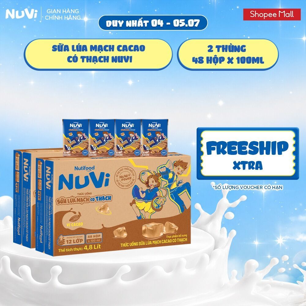 Combo 2 Thùng 48 Hộp Thức Uống Sữa Lúa Mạch Cacao Có Thạch NuVi 100ml
