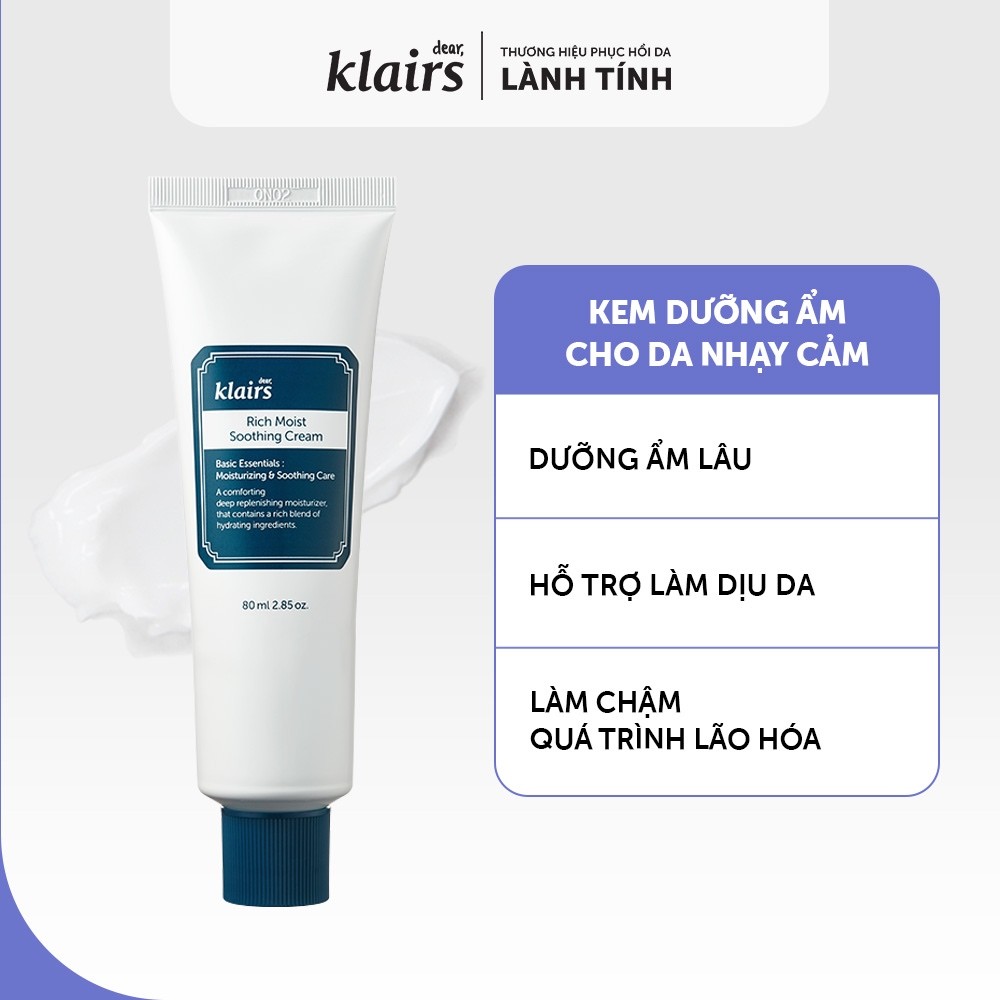 Kem dưỡng Dear, Klairs Rich Moist Soothing Cream hỗ trợ cấp ẩm và làm dịu mát da 80g [FS]