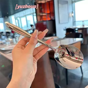Thìa Tròn Đầu Lớn Bằng Thép Không Gỉ Lưới Đỏ Vàng Bữa Tối Tay Cầm Dài Khuấy Thìa Tráng Miệng Cho Phụ Kiện Nhà Bếp Tiện Ích