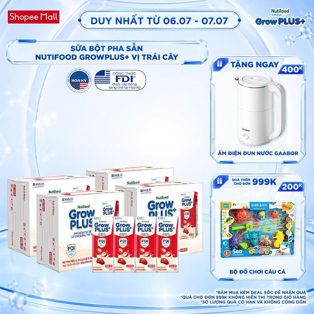 Combo 4 Thùng 24 hộp Sữa bột pha sẵn Nutifood GrowPLUS+ Vị Dâu Sữa hộp 180ml - Trên 1 tuổi