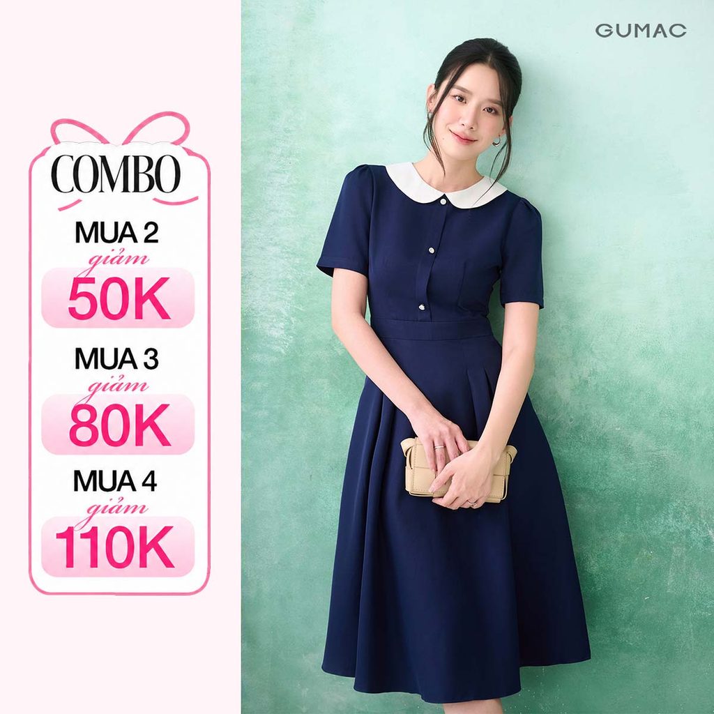 Đầm Nữ Dáng A Xòe GUMAC Thiết Kế Cổ Bâu Trắng Có Túi Công Sở Thanh Lịch LDE0821