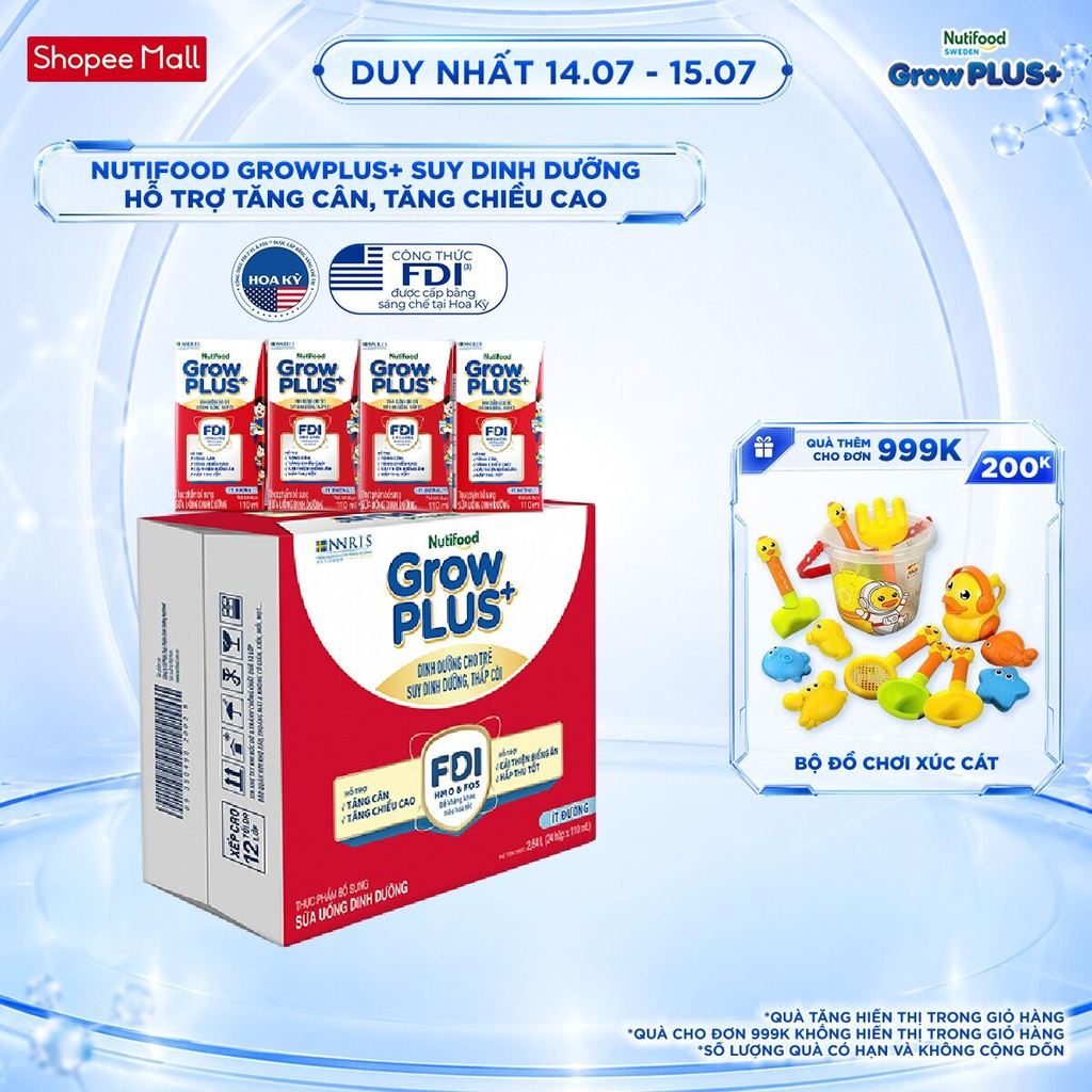 Thùng 24 hộp SBPS Nutifood GrowPLUS+ Suy Dinh Dưỡng (Đỏ) Ít đường 110ml - Tăng Cân, Tăng Chiều Cao (Bao bì tùy lô hàng)