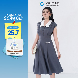 Đầm nữ GUMAC A cổ V phối trắng xếp ly 2 lớp vải bố linen dày dặn thanh lịch  DF05054