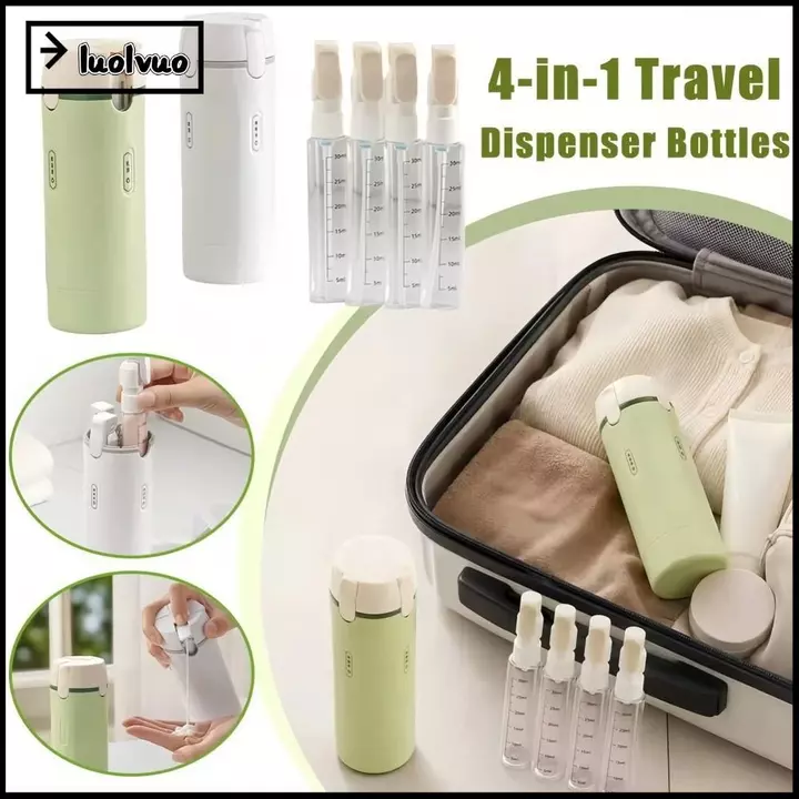 Chai đựng đồ du lịch LUOLVUO 4 trong 1, có thể nạp lại với tỷ lệ & nhãn dán Chai đựng đồ vệ sinh du lịch, Chai bơm miễn phí BPA chống rò rỉ di động Vòi hoa sen & Du lịch