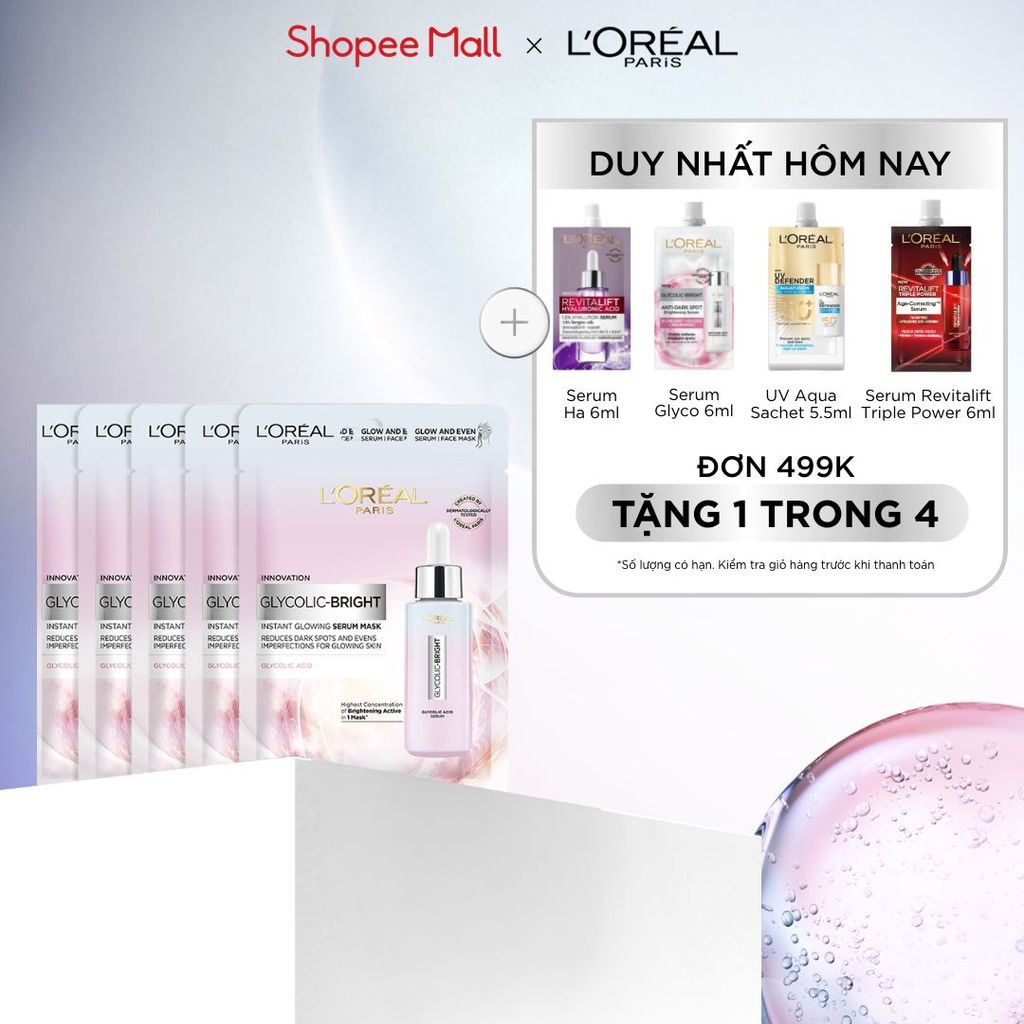 Bộ 5 mặt nạ dưỡng sáng mờ thâm nám L'Oreal Paris Glycolic (AHA) Bright 22gx5