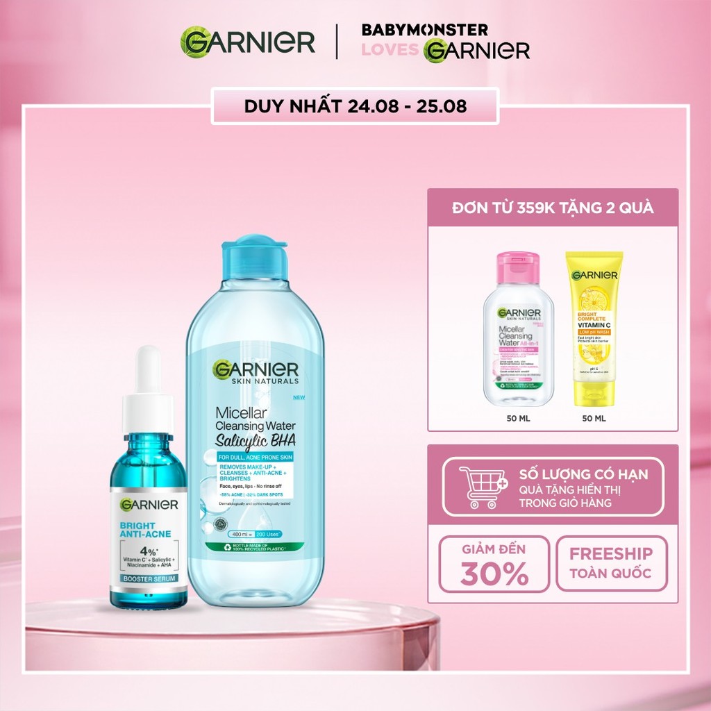 Bộ đôi dưỡng chất và nước tẩy trang làm sạch sâu, giảm mụn Garnier (mới)