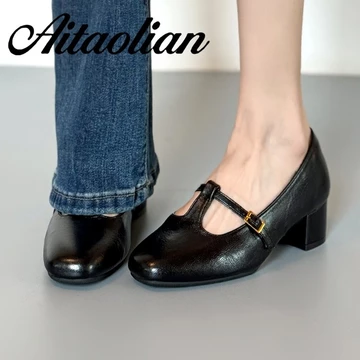 (Size 34-40) Da Thật Đế Bằng 4cm Giày Nữ Mũi Vuông Giày Nữ Giày Thời Trang Giày Cao Gót Phong Cách Anh Giày Da Công Sở Nữ Giày Cao Gót Giày Đen