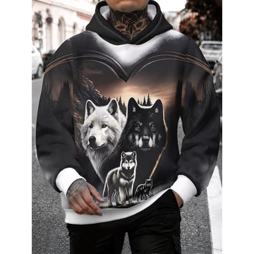 Áo hoodie in 3D dành cho nam, Love Mountain Forest Black White Grey Wolf Family Print, Dạo phố thoải mái Tất cả các trận đấu Áo hoodie nam bán chạy cổ điển, Áo thun nam mùa xuân thu thoáng khí Hoo