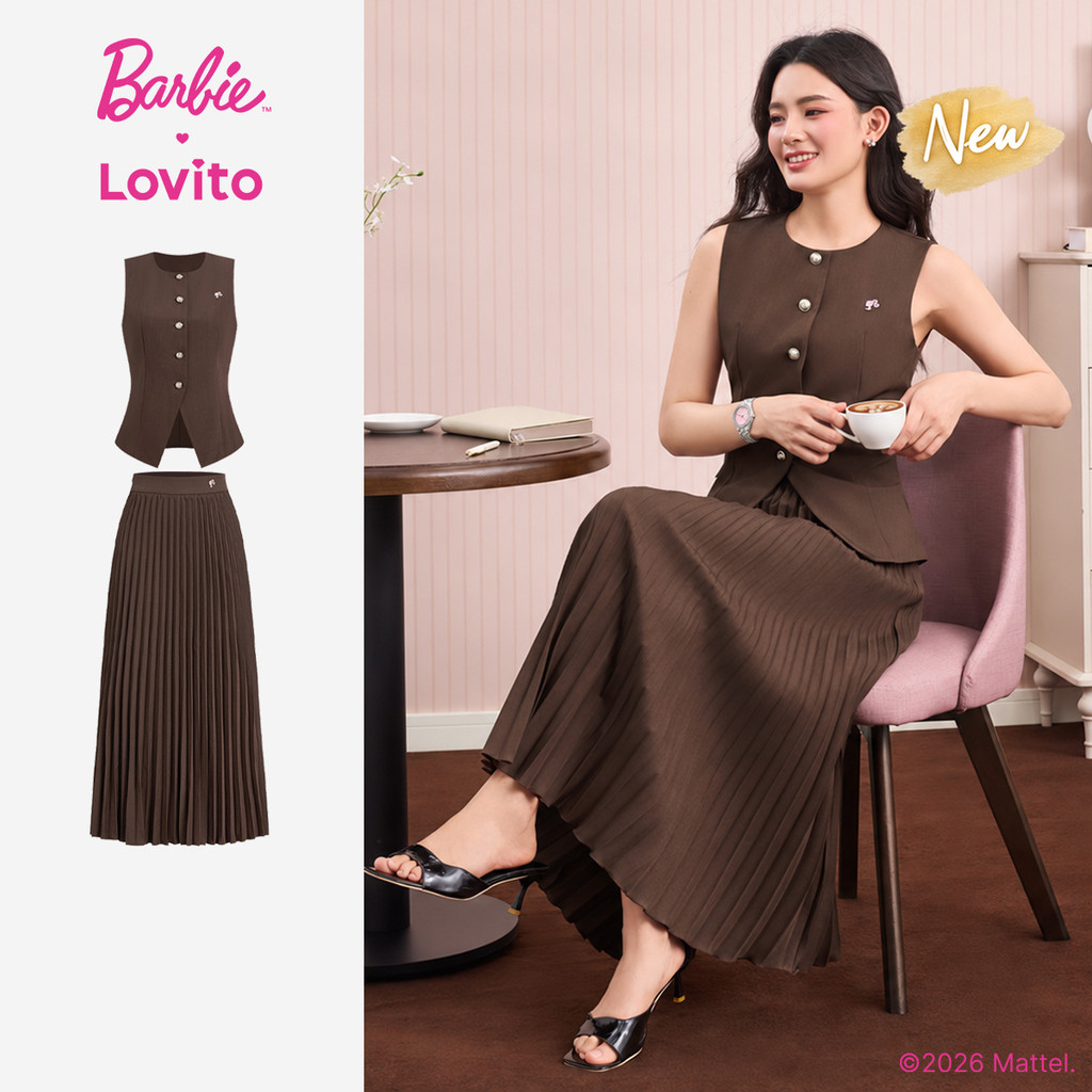 (New Arrival) Barbie™ X Lovito Áo hoặc Quần Nữ Mùa Xuân/Hè màu nâu thêu nút đường May Tinh tế KSBL6PAD025