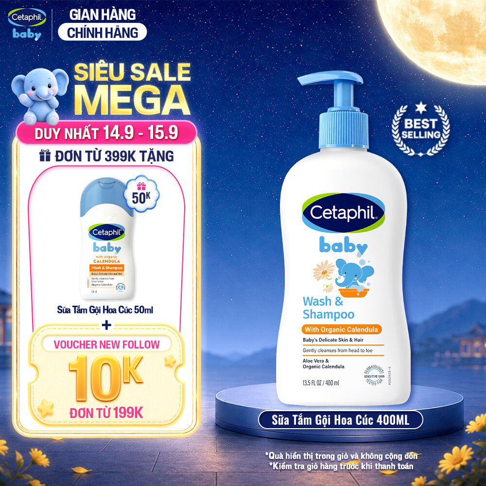 Sữa tắm gội dưỡng ẩm dịu lành cho bé với Calendula hoa cúc hữu cơ CETAPHIL BABY W&SHAMPOO CALENDULA 400ML