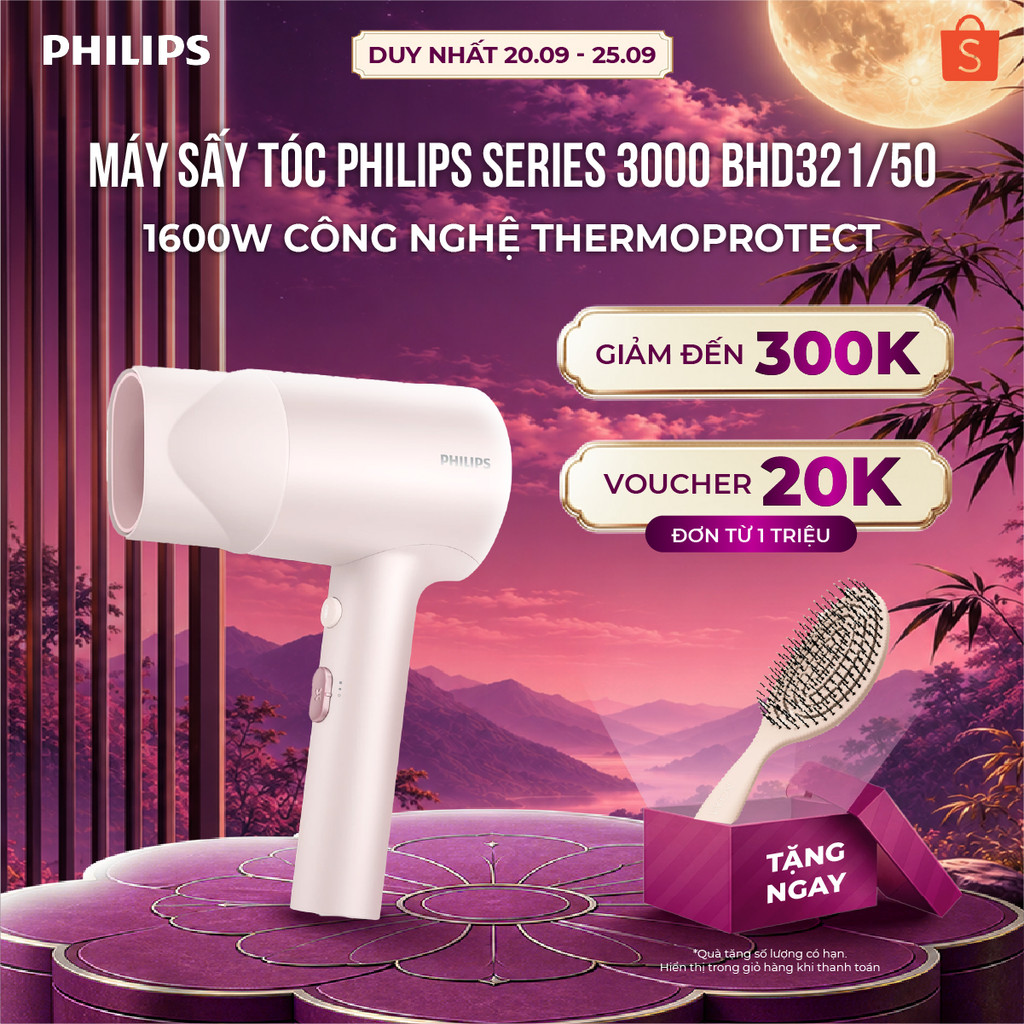 Máy sấy tóc Philips BHD321/50 1600W – ThermoProtect, ion âm giảm xơ rối, sấy nhanh