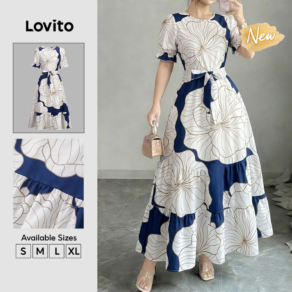 (New Arrival) Lovito Váy nữ thường ngày họa tiết Hoa gấu bèo nhún dáng dài xòe Cho mùa xuân hè kỳ nghỉ và cuối tuần DRB39BR064