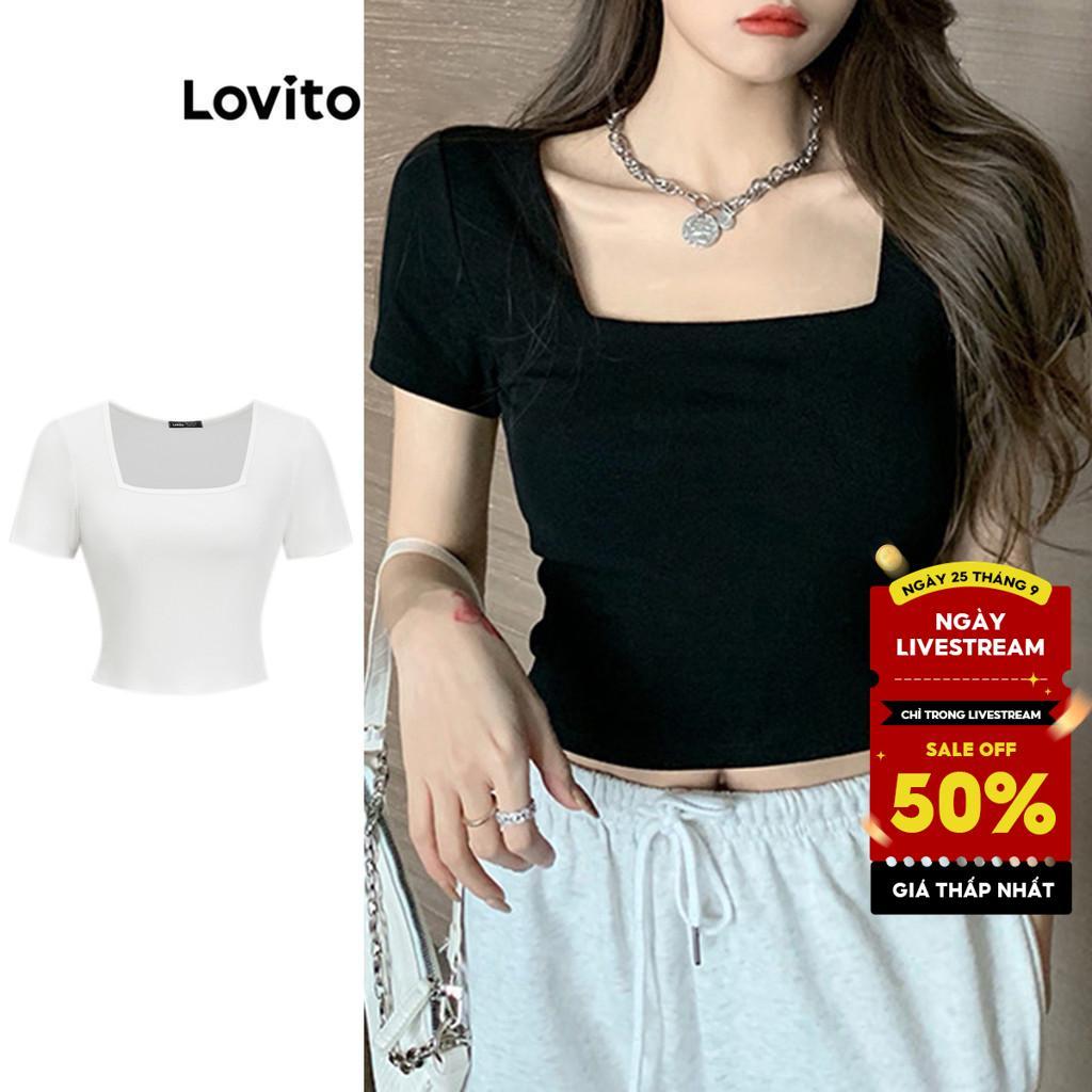 Lovito Phong cách thường ngày Áo Thun Trơn Cổ Vuông Đơn Giản Cho Nữ Lne11006 (nhiều Màu)