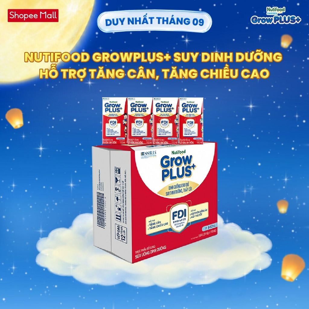 Thùng 24 hộp SBPS Nutifood GrowPLUS+ Suy Dinh Dưỡng (Đỏ) Ít đường 110ml - Tăng Cân, Tăng Chiều Cao (Bao bì tùy lô hàng)
