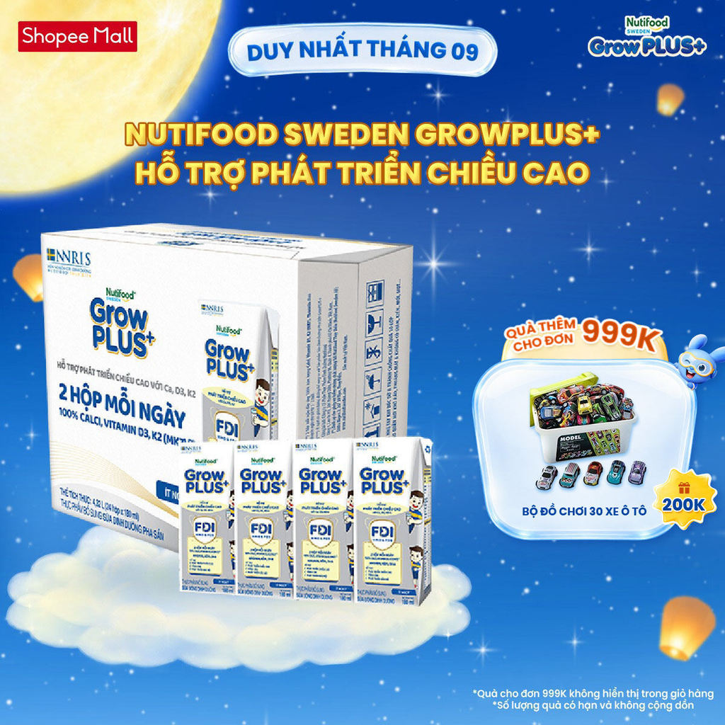 Thùng 24 hộp Sữa Bột Pha Sẵn Nutifood Sweden GrowPLUS+ Cao lớn vượt trội 24 hộp 180 ml