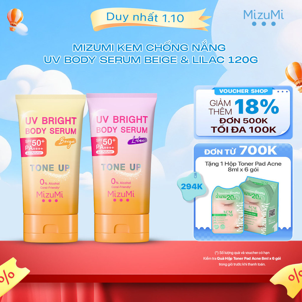 Kem chống nắng nâng tone MizuMi UV Bright Body Serum Tone Up Beige/ Lilac 120 ml