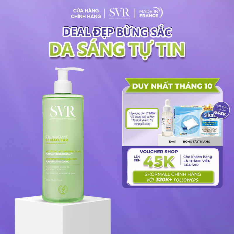 Gel rửa mặt cho da dầu mụn, không chứa xà phòng SVR Sebiaclear Gel Moussant 400ML