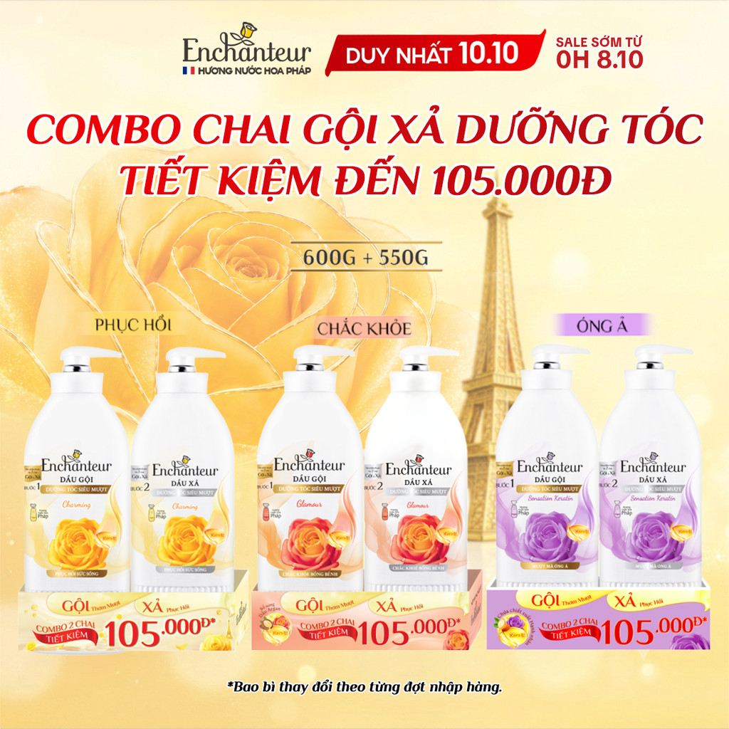 [GIÁ DÙNG THỬ] Combo Dầu gội Enchanteur dưỡng tóc mượt thơm lâu 600g và Dầu xả Phục Hồi Sức Sống 550g