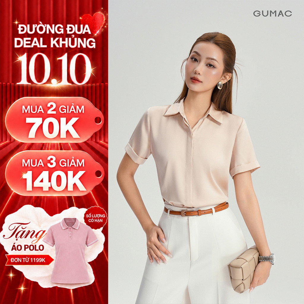 [VOUCHER 70K] Áo Sơ Mi Nữ GUMAC Công Sở Tay Ngắn Nẹp Giấu Nút Đứng Form Chất Lụa Dày Dặn Cao Cấp LAF0339