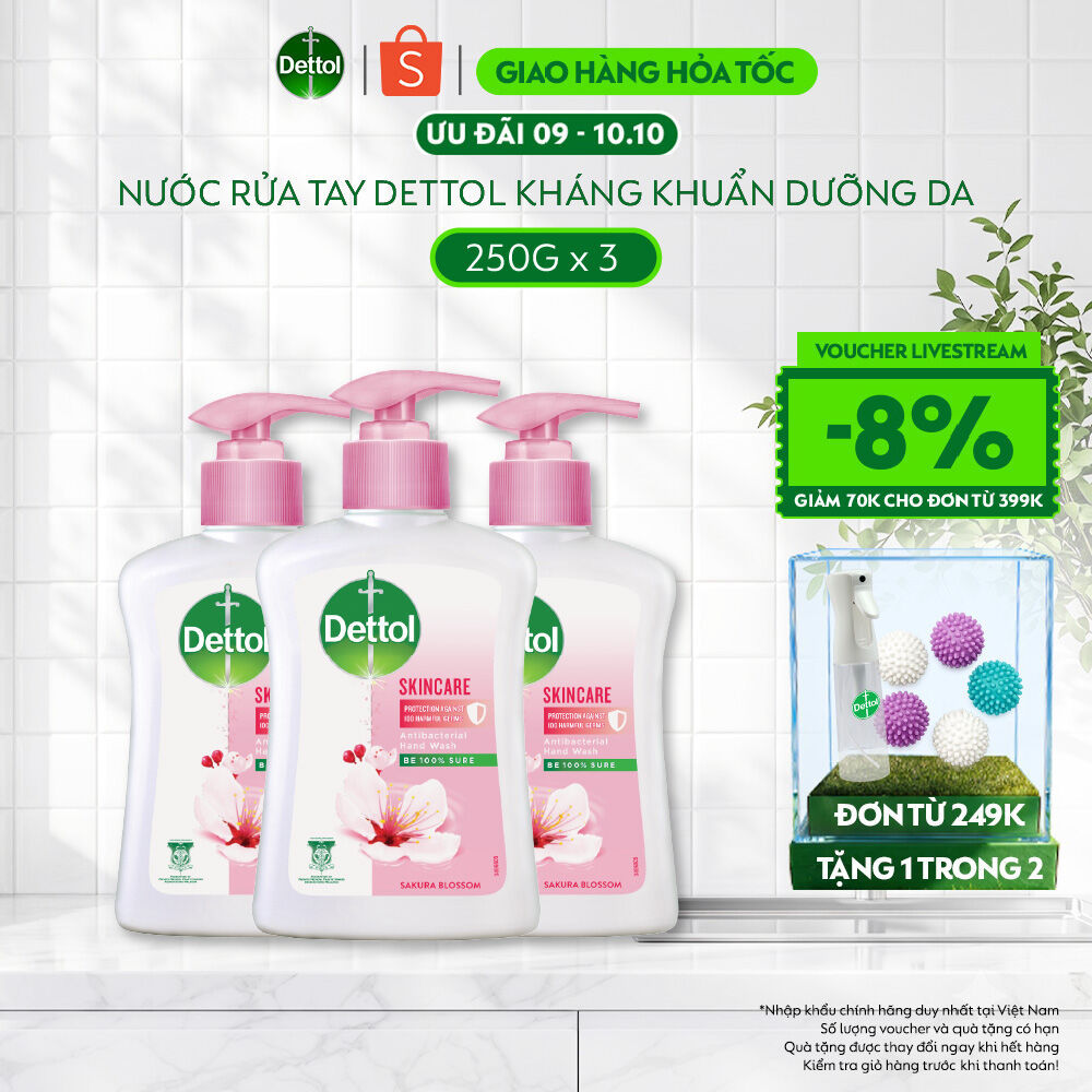 Combo 3 nước rửa tay Dettol kháng khuẩn dưỡng da, hương hoa anh đào - Chai 250g