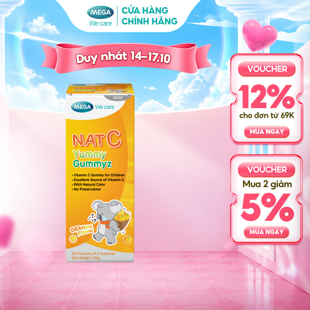 Kẹo dẻo vitamin C Mega We Care Nat C Yummy Gummyz (hương cam) giúp tăng đề kháng (Hộp 25 túi 2 viên) – TPBVSK