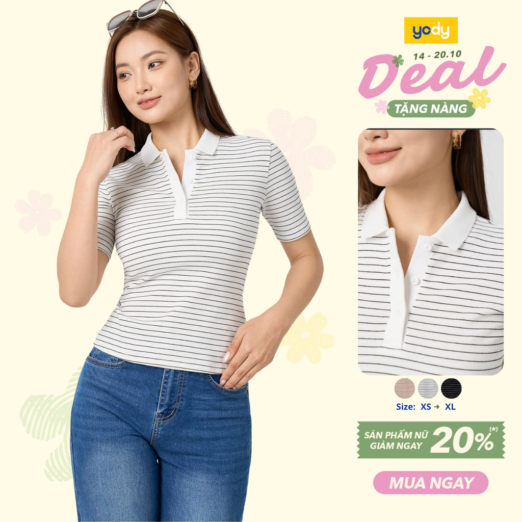 Áo Polo Nữ Yody Kẻ Phối Bo Cổ Slim Fit Co giãn 4 chiều Mềm mại, ôm dáng WCPO26A033