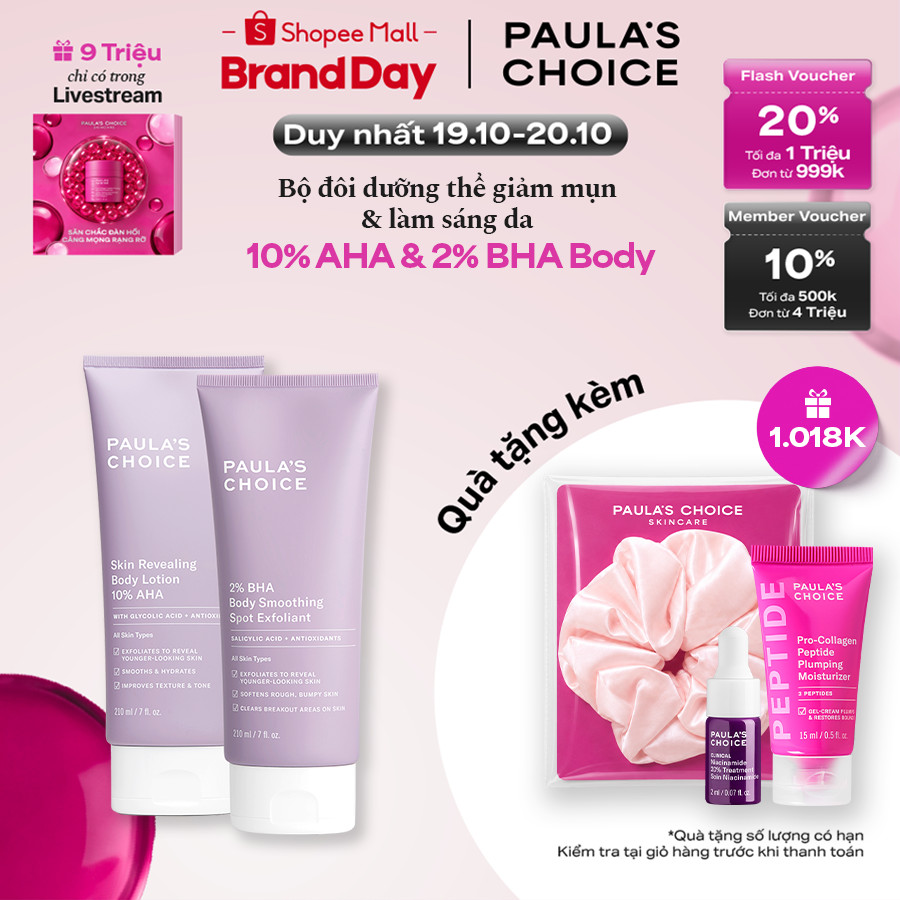 Bộ đôi kem dưỡng thể 10% AHA làm sáng da,mờ thâm+ 2% BHA giảm viêm lỗ chân lông và mụn cơ thể Paula's Choice