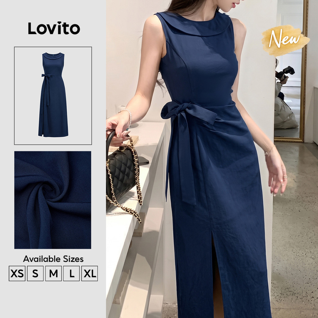 (New Arrival) Lovito Đầm nữ dáng bút chì dài xếp Ly buộc dây Thanh lịch màu Xanh Lam đậm Phong cách công sở xuân hè DRB204P1D774
