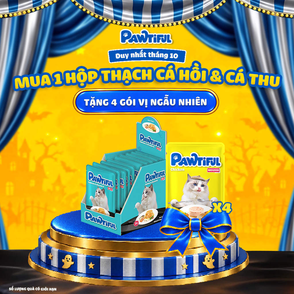 [MUA 12 TẶNG 4] Hộp 12 gói Pate cho mèo Pawtiful dạng Thạch vị Cá hồi & Cá thu 70g x12