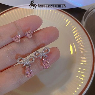 Onetimingfine 1 / 2 Cặp Sáng Hồng Zircon Giọt Nước Nơ Bông Tai Lãng Mạn Trái Tim Trang Sức VN