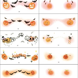 Hình xăm dán Halloween cho trẻ em với thiết kế hoạt hình dễ thương như bí ngô, đầu lâu, và mặt ma