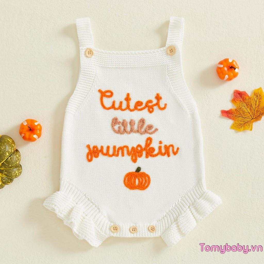 Bộ đồ liền thân thêu bí ngô cổ vuông không tay cho bé gái