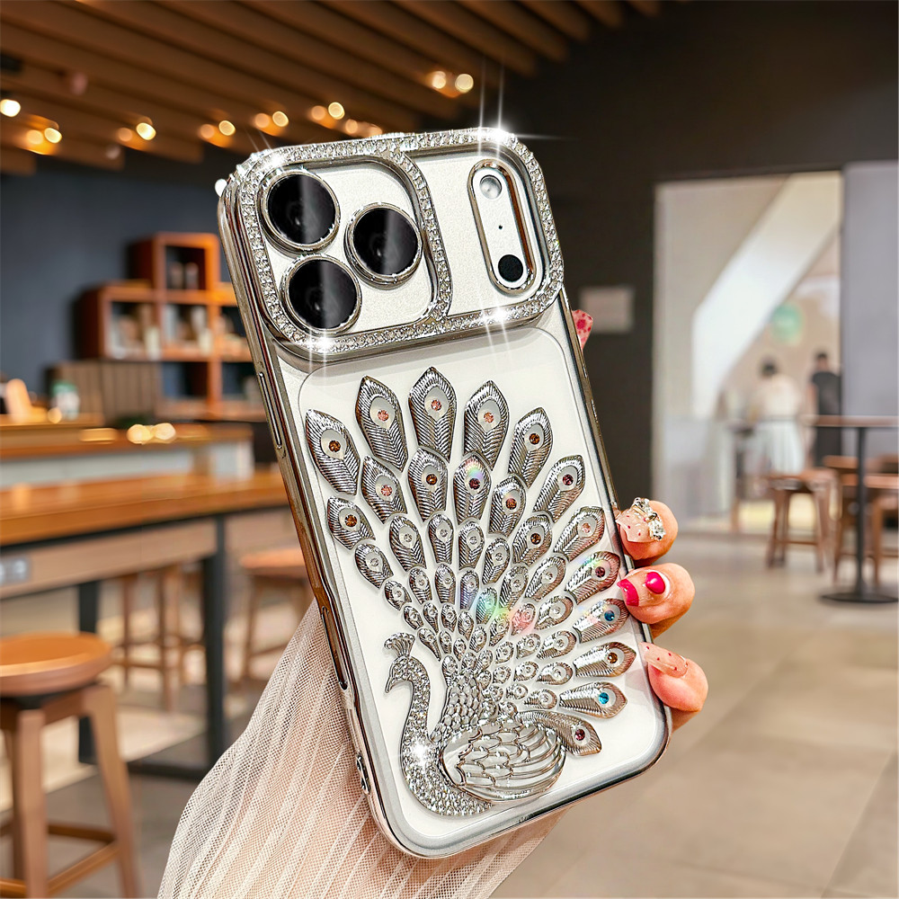 Ốp điện thoại hình con công Flash Diamond 3D cho iPhone 17 Pro Max 16 13 14 15 Pro Max Air 15 16 plus Phim bảo vệ gương chống rơi Vỏ mềm TPU vỏ bảo vệ điện thoại