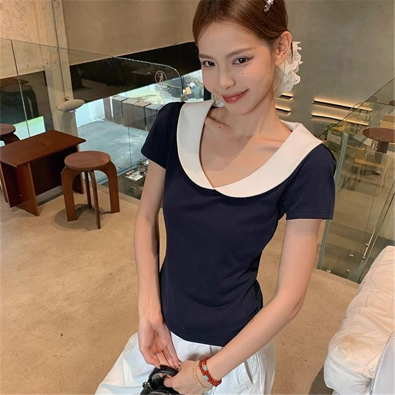 Áo thun cổ búp bê phong cách Hàn Quốc, thiết kế ôm body, thời trang mùa hè
