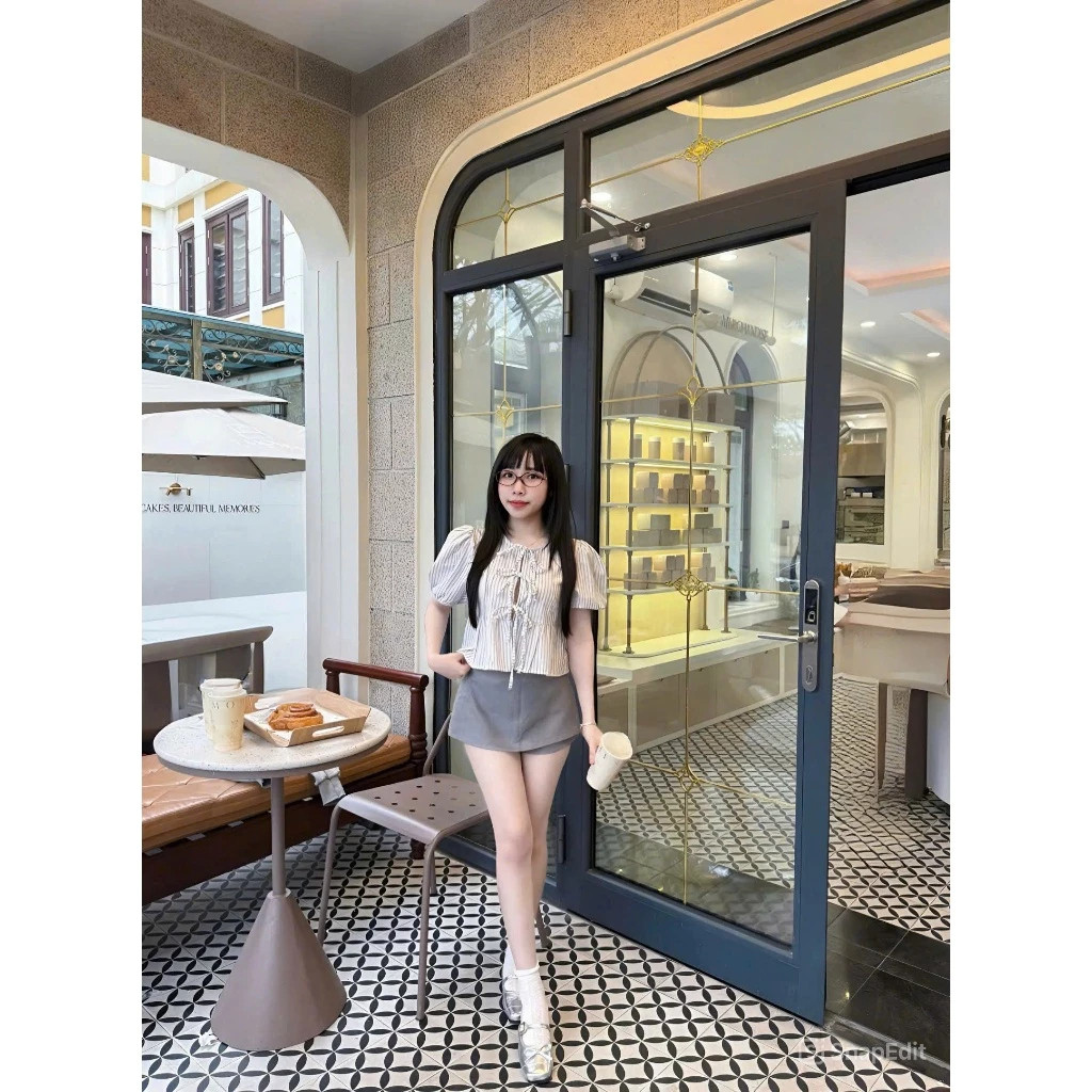 (Tặng kèm áo 2 dây) Áo Babydoll Kẻ Buộc Nơ Tay Phồng, Áo Kiểu Nữ Tay Bồng_A523