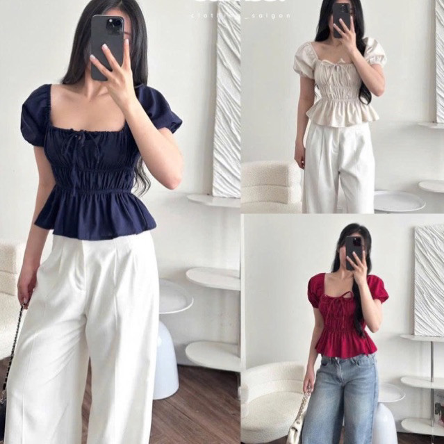 Áo babydoll linen kiểu xinh tay phồng tiểu thư công chúa bo thân nơ coquette ngực xinh xắn Sài Gòn M329