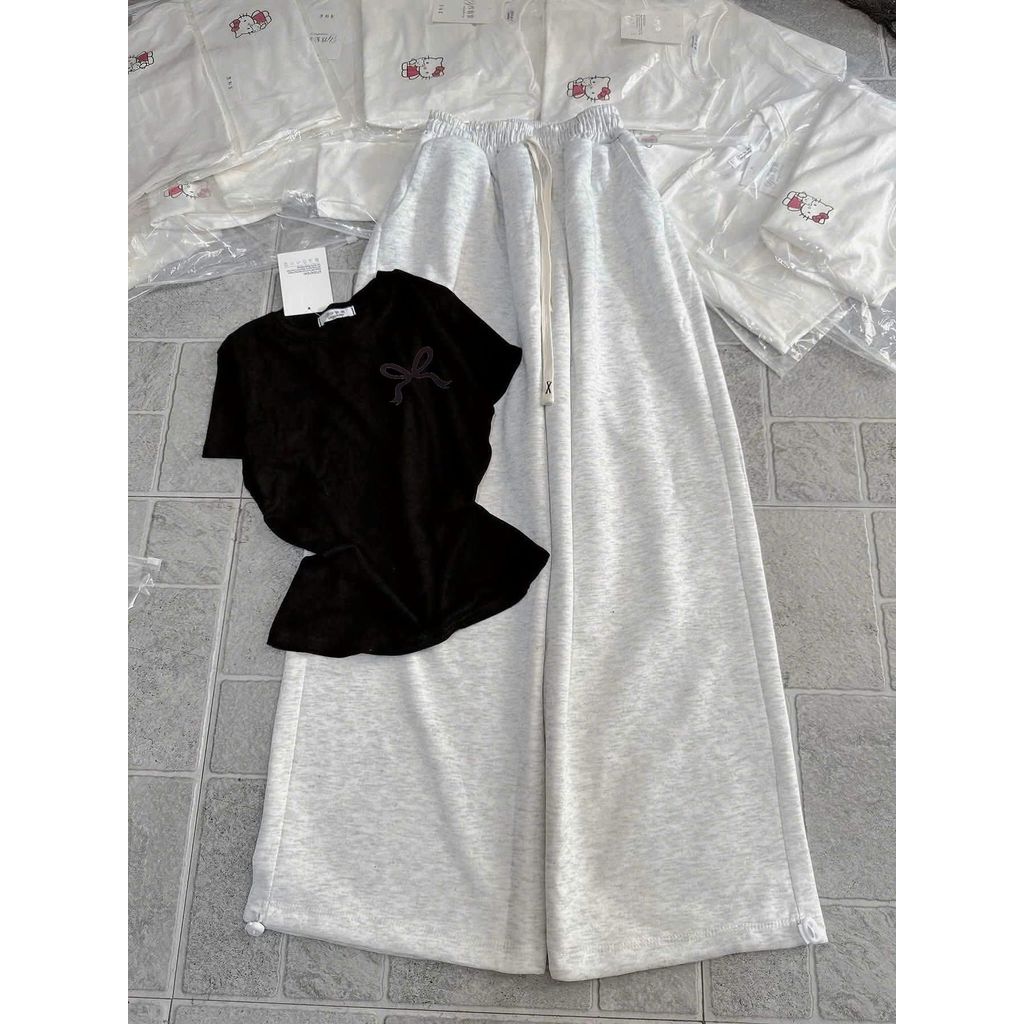 Tổng hợp quần  ống rộng chất da cá xám + mix áo phông CROPTOP TĂM LẠNH cộc dáng ngắn-DẤU X NƠ ĐEN