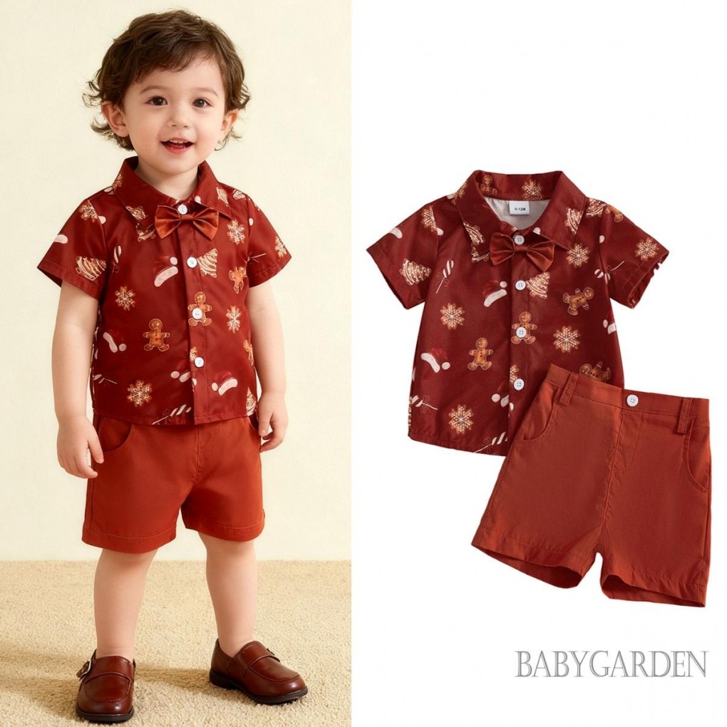 Bộ quần áo Giáng sinh bé trai ngắn tay Áo sơ mi in hình người đàn ông bánh gừng + Quần Short